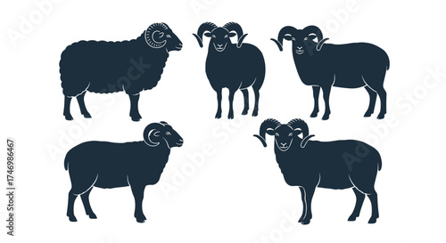 A collection of five silhouettes of sheep with large curved horns representing a diverse group of rams.
