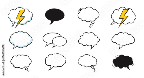 Collection of diverse speech bubbles with varying designs and elements for communication and dialogue representation.