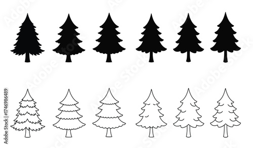 Collection of festive christmas tree silhouettes and hand-drawn outlines for holiday design elements isolated on white background
