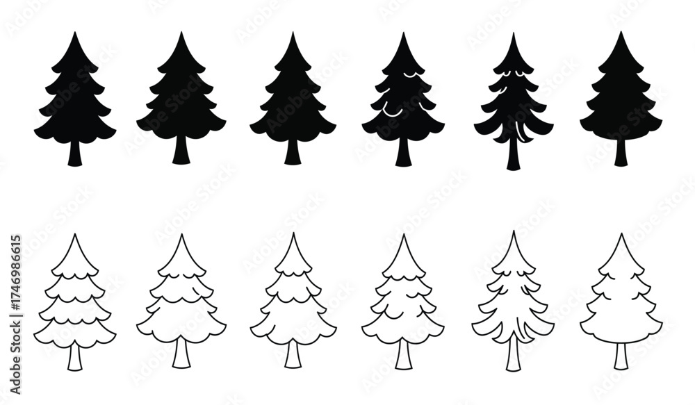 Obraz premium Set of textured and outline christmas trees ideal for holiday designs and winter themed projects isolated on white background