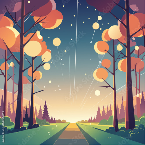 Forest path under starry sky with meteor shower