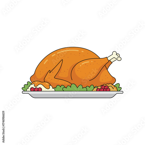 A delicious cartoon illustration of a golden brown roasted turkey served on a platter with festive garnishes and green lettuce leaves