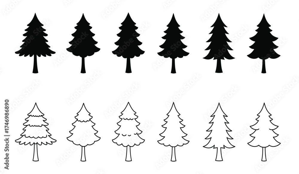 Obraz premium Set of stylized pine tree silhouettes and hand-drawn outline designs for winter holiday and nature themed projects isolated on white background