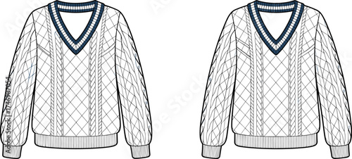 Sweater Vneck Cable Knit Diamond Pattern Pullover Apparel Clothing Fashion Outfit Garment Textile Illustration Drawing Design Casual Winter Unisex Ribbed Collar Cuffs Hem Contrast
