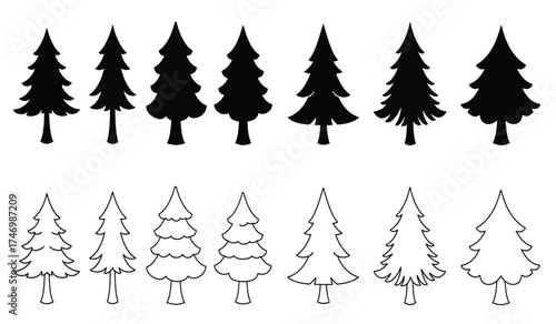 Collection of silhouette and outline christmas trees diverse pine fir spruce evergreen festive winter holiday season decorations design elements isolated on white background