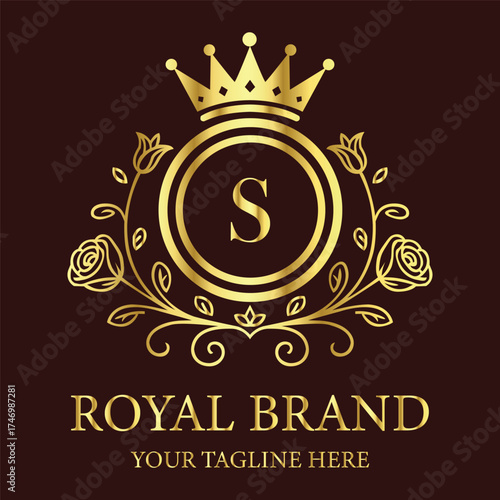 Royal brand logo S design with golden crown and floral ornament for luxury business identity creation