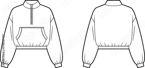 Sweatshirt Cropped Pullover Fashion Apparel Garment Clothing Outerwear Illustration Sketch Design Technical Flat Drawing Template Vector Outline Collar Zipper Pocket Cuffs Hem Elastic