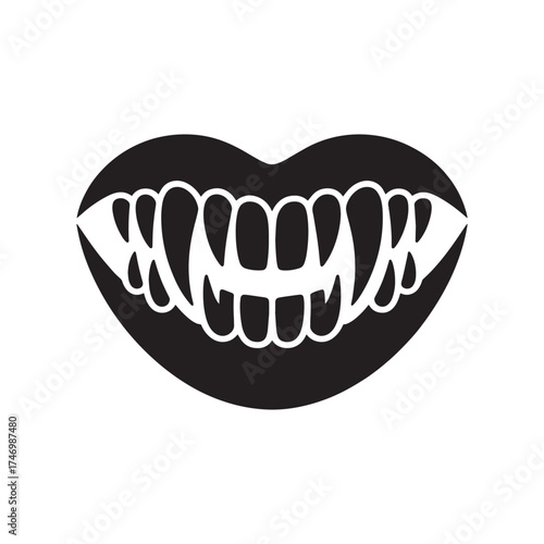 Stylized black heart shape with sharp white fangs and teeth illustration