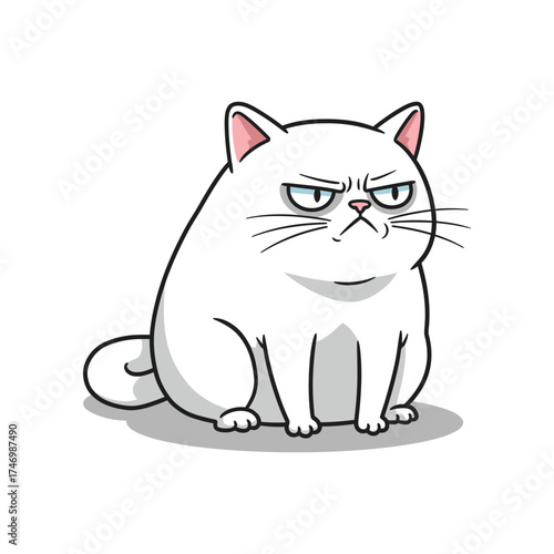 A grumpy white cat with a disgruntled expression sits patiently on a white background looking directly at the viewer with its ears perked