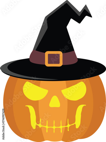 Spooky halloween pumpkin wearing witch hat