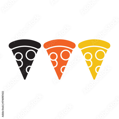 Three stylized slices of pizza in black orange and yellow with white circles representing toppings on a white background