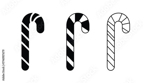 Three distinct candy cane designs featuring classic stripes and outline styles for festive seasonal decorations and holiday celebrations isolated on white background