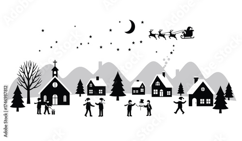 Whimsical winter village scene with santa claus and reindeer flying overhead under a crescent moon and stars isolated on white background