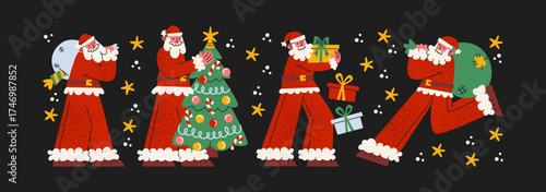 Santa Claus characters. Cartoon mascots with beards of winter fairy tale heroes, with gifts, New Year tree and New Year holiday atmosphere. Santa Claus Christmas costume