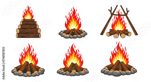 Collection of diverse campfires burning brightly with flames and logs for outdoor adventures and survival.