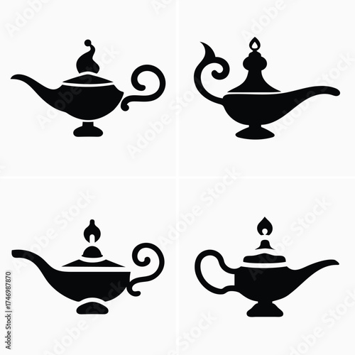 Four distinctive genie lamps displayed in a grid pattern against a white backdrop