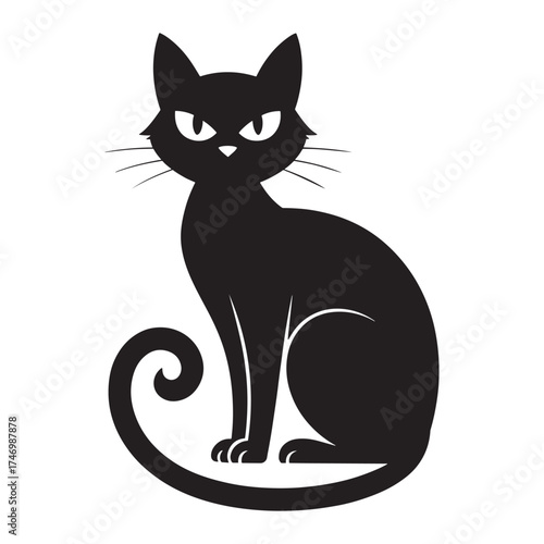 Stylized silhouette of a black cat with an arched tail and intense eyes