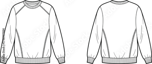 Sweatshirt fashion flat sketch with raglan sleeves, ribbed cuffs, crew neckline, curved seams, front and back apparel design illustration