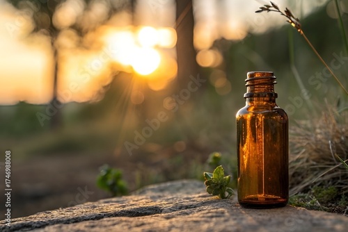Amber Glass Bottle at Sunset – Warm Outdoor Close-Up with Natural Bokeh