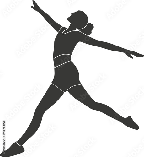 Dynamic silhouette of a female athlete in mid-air leap, perfect for sports, fitness, and dance projects. Originally a scalable vector graphic.