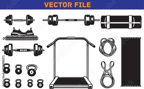 Gym Equipment Vector Illustration Featuring Dumbbells Kettlebells Resistance Bands Treadmill Shoes and Exercise Mat for Fitness and Strength Training