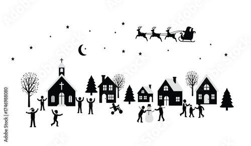 Whimsical silhouette christmas village scene with santa claus and reindeer flying in snowy night sky festive winter landscape isolated on white background