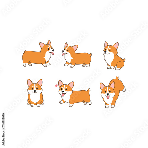 Collection of six adorable cartoon pembroke welsh corgi dogs in various playful poses and expressions on a white background