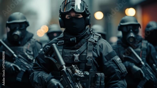 A team of heavily armored soldiers equipped with protective gear and weapons ready for duty in a city street setting at night.