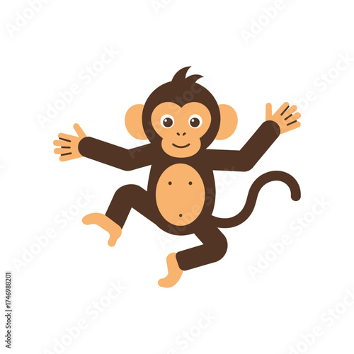 Playful cartoon monkey with wide eyes and a happy expression jumping with arms outstretched in a fun pose