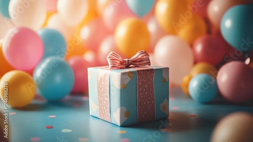 Gift box and colorful balloons on blue background. Celebration concept.