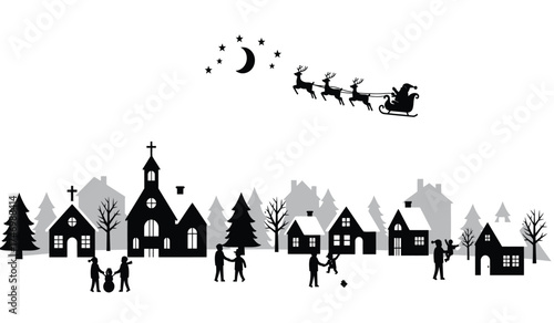 Charming silhouette of a snowy village scene with santa's sleigh flying overhead under a starry night sky ideal for holiday greetings and winter decorations isolated on white background