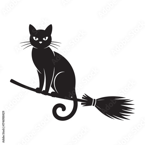 Silhouette of a black cat with glowing eyes perched on a broomstick flying against a white background