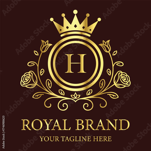 Royal brand logo H design with golden crown and floral ornament for luxury business identity creation