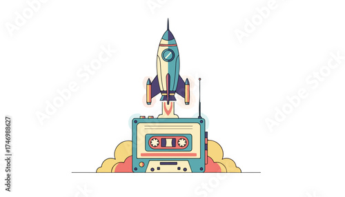 A retro rocket ship launching from a vintage cassette tape player, surrounded by stylized smoke.