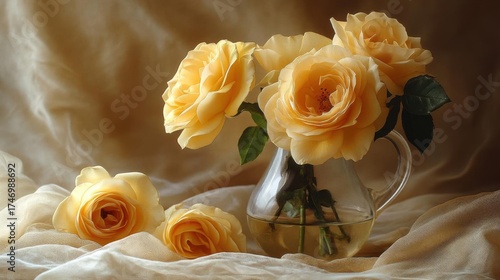 Yellow roses in a vase on a background of brown fabric. Wedding flowers concept.