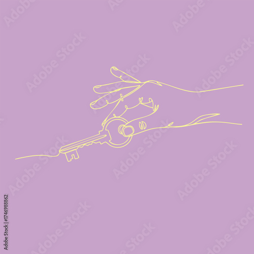 Minimalist line art of a hand holding a key on a soft purple emphasizing simplicity and elegance