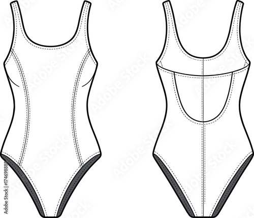 Swimsuit Onepiece Scoopneck Highcut Contour Seams Apparel Clothing Fashion Outfit Garment Textile Illustration Drawing Design Swimwear Women Stylish Modern Elegant Comfortable Fitted