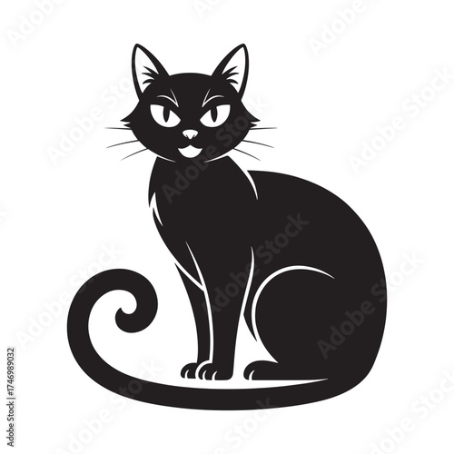 Stylized silhouette of a black cat with a curled tail sitting and looking forward