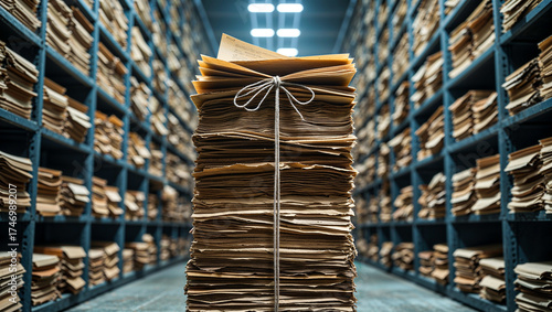 Low-angle view of endless archive aisle with towering central stack of aged paper and folders, dusty historical atmosphere, floor-to-ceiling shelves of bundled files, conveying bureaucratic overload