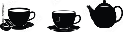 Black and white illustration of a teapot coffee cup and teacup