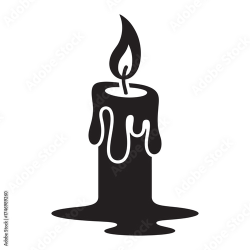 Simple silhouette of a dripping candle with a flickering flame on a white background