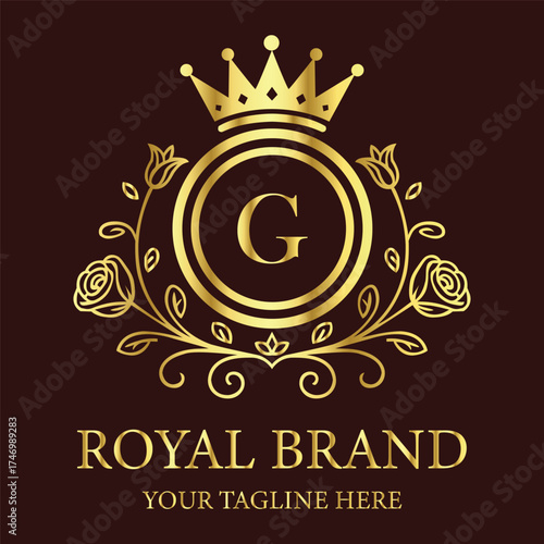 Royal brand logo G design with golden crown and floral ornament for luxury business identity creation