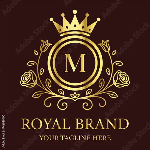 Royal brand logo M design with golden crown and floral ornament for luxury business identity creation