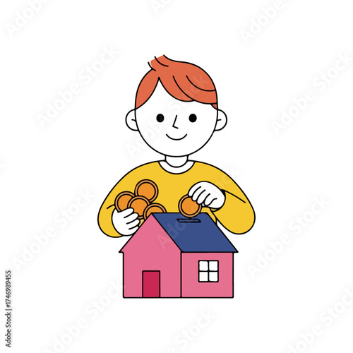 Boy Saving Money in a Piggy Bank House.