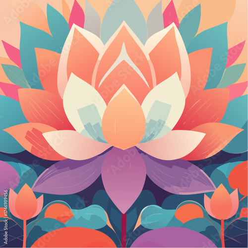Lotus flower bloom with vibrant colors and foliage
