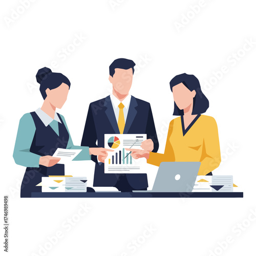 Business professionals collaborating on a project, analyzing data and discussing strategies in a modern office setting.