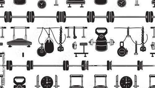 Seamless Pattern of Black and White Gym Equipment for Fitness and Workout Motivation Represents a Healthy Lifestyle and Dedication to Exercise Training