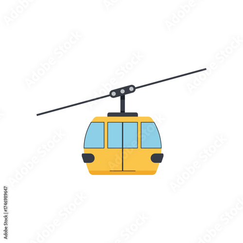 Bright yellow cable car cabin suspended from a black overhead wire against a clean white background