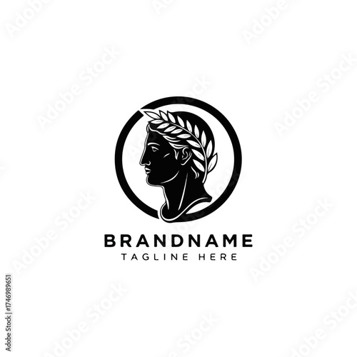 Elegant Greek God Logo Design with Laurel Wreath and Circular Frame.