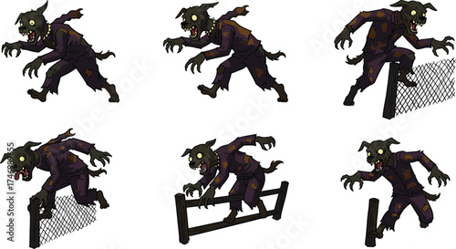 Set of six cartoon werewolf creature poses climbing and leaping fences, humanoid wolf monster in tattered clothes, spooky Halloween horror illustration design